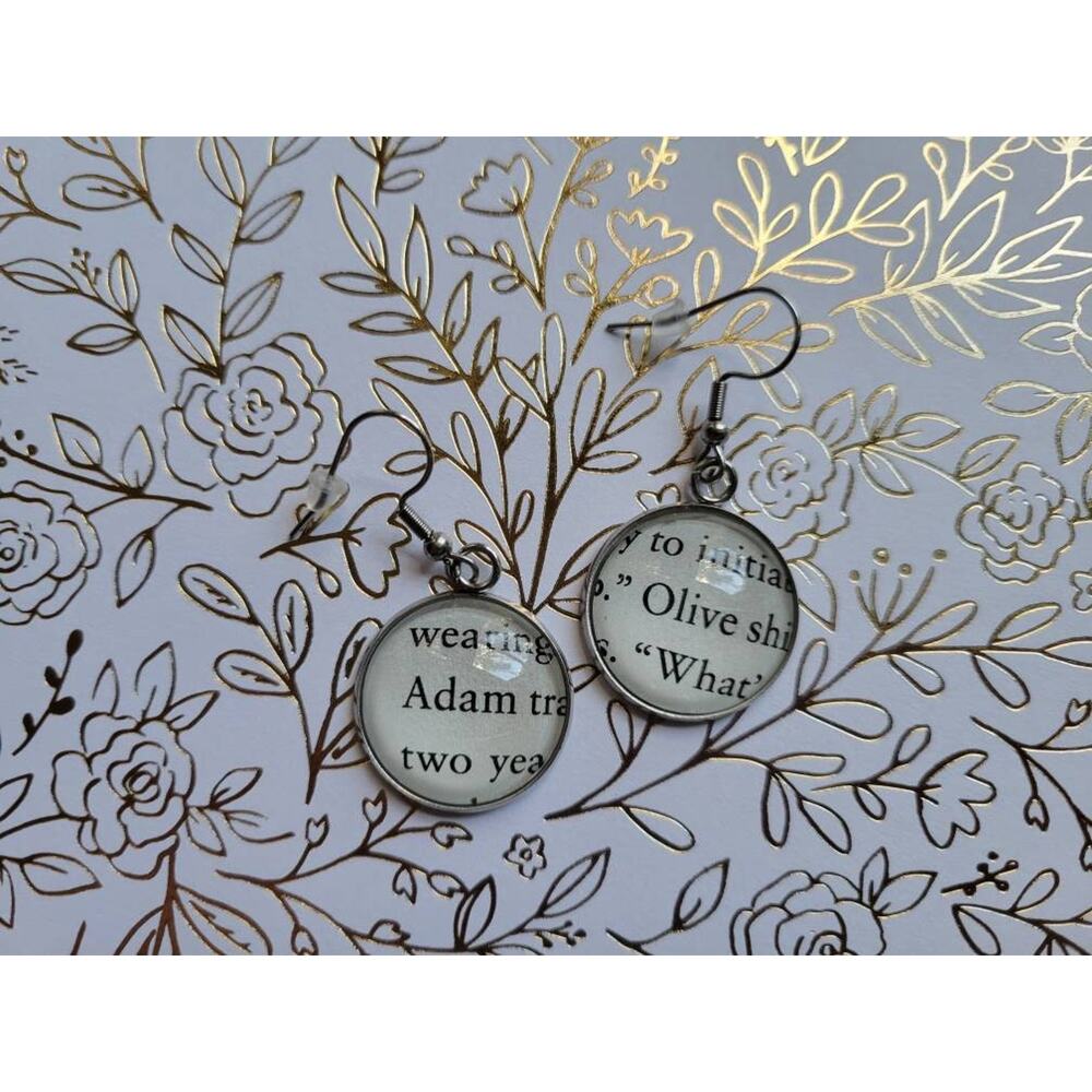 Adam and Olive pendant earrings made with The Love Hypothesis book pages